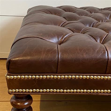 (SOLD) Vintage Leather Tufted Ottoman w/Brass Nail Head Trim 42″x32 ...