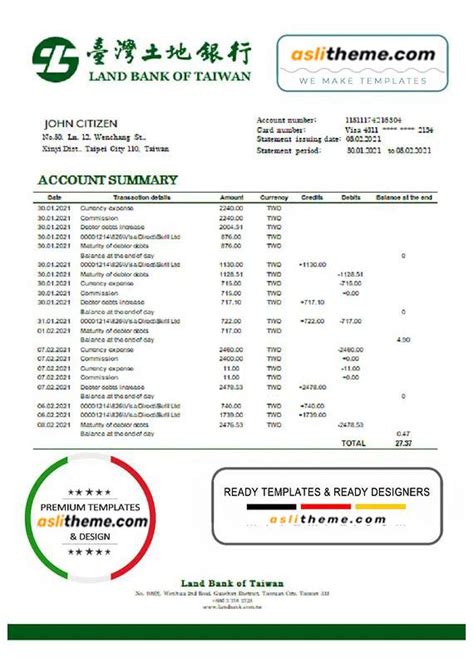 Taiwan Land Bank of Taiwan bank statement template in Word and PDF ...