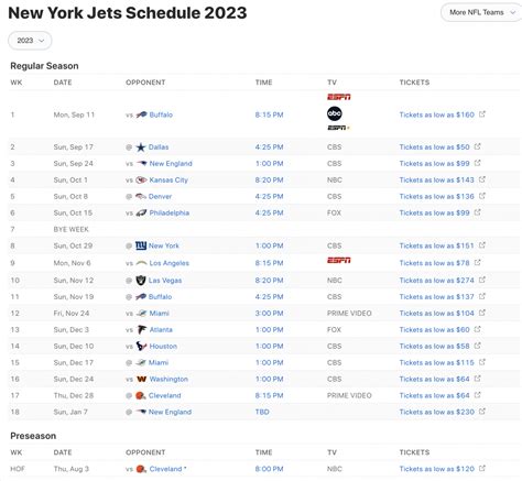 New York Jets Printable Schedule 2023 24