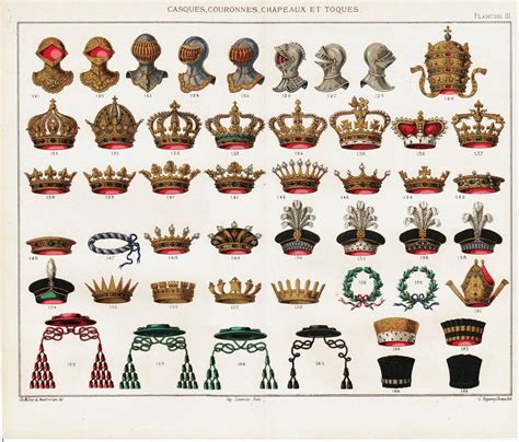 1872 Antique HERALDRY print, knight helmets, king crowns, headgear ...