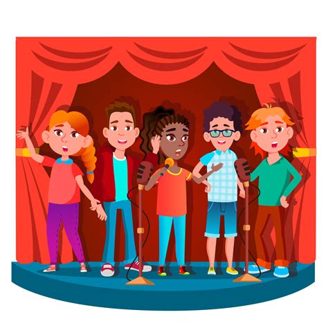 Group Of Children Singing Into The Microphone On Stage Vector. Isolated ...