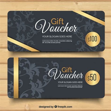 Premium Vector | Dark gift vouchers with golden ribbon | Voucher design ...