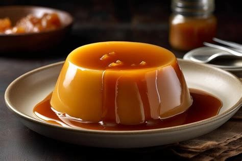 Premium AI Image | A plate of flan with a jar of caramel sauce on it