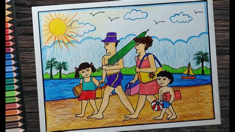 How to draw scenery of Summer vacation l summer beach scenery drawing ...