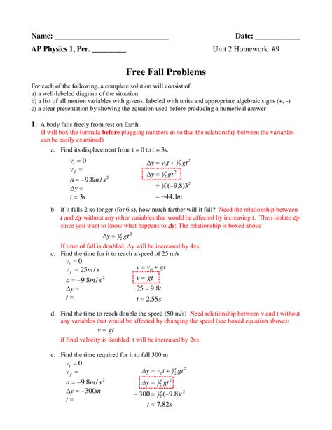 Fall Problems Worksheet With Answers