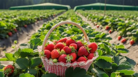 Premium Photo | A basket of strawberries in a strawberry farm