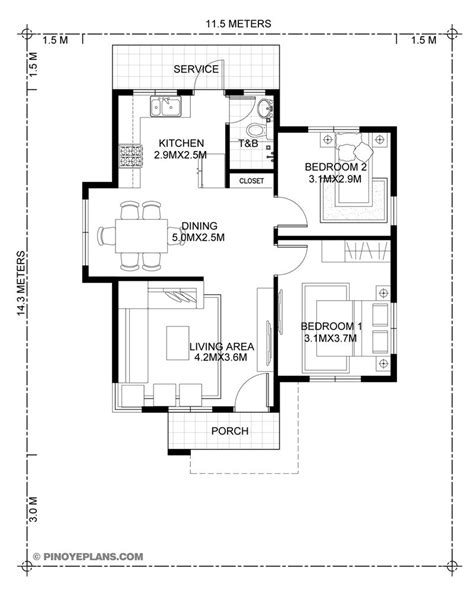 Katrina - Stylish Two Bedroom House Plan | Pinoy ePlans | Two bedroom ...