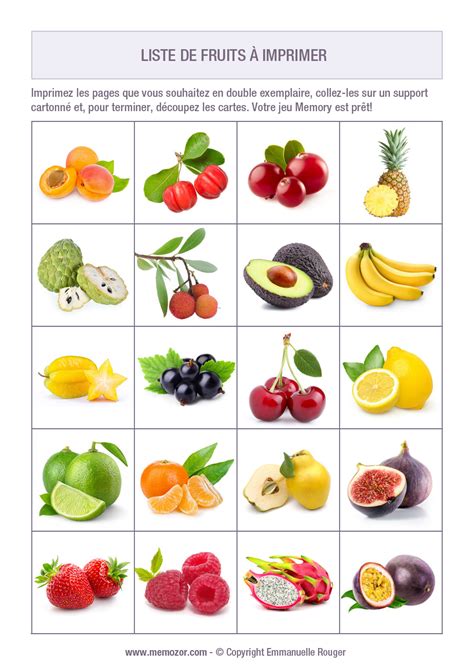 Liste de 50 Fruits avec noms et images - à imprimer | Memozor