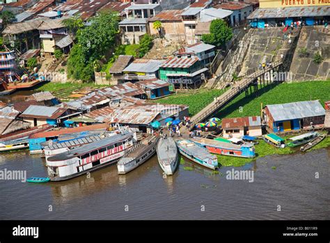 Peru, Amazon, Amazon River, Iquitos. Aerial view of the port, harbour ...