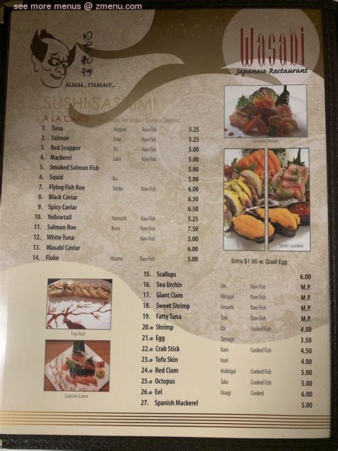 Menu at Wasabi restaurant, Hudson