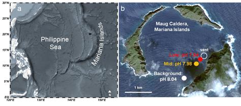 a) Maug islands within the Mariana Islands, and b) Maug Caldera with ...