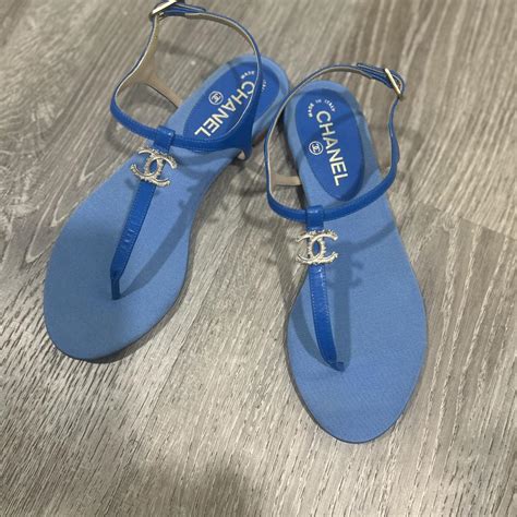 Chanel Blue Leather CC Thong Flat Ankle-Strap Sandals - Depop