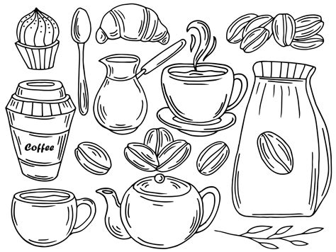 cute doodle cartoon coffee shop icons. vector outline hand drawn for ...