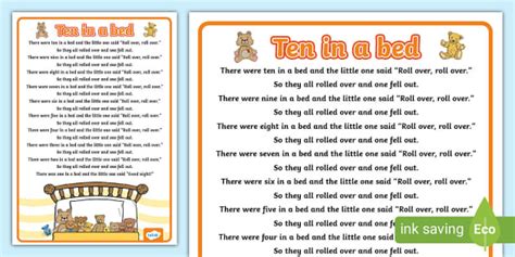 Ten in a Bed Nursery Rhyme Poster (Teacher-Made) - Twinkl