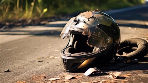 Premium AI Image | Motorbike's safety helmet crash and broke after ...