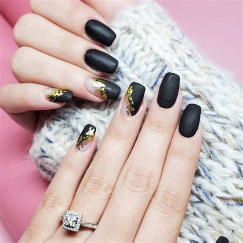 Matte Black And Gold Nails Stiletto