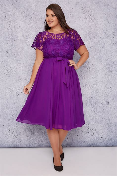 SCARLETT & JO Purple Midi Dress With Lace Top & Pleated Skirt, Plus ...