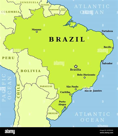 Map of Brazil. Country outline with 10 largest cities including ...