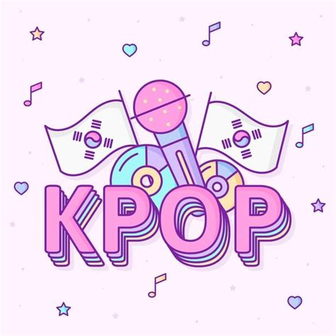 the kpop logo with music notes and flags in the background on a pink ...