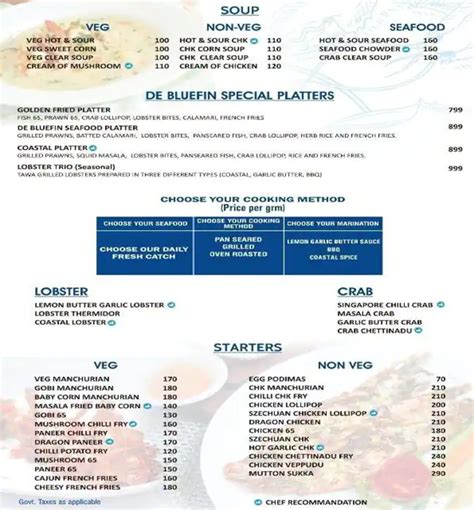 Menu at De Bluefin Seafood Restaurant, Puducherry