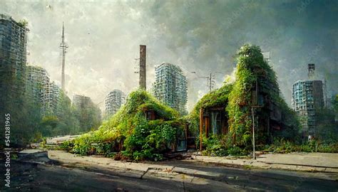 Post apocalyptic streetscape of the future with buildings overgrown ...