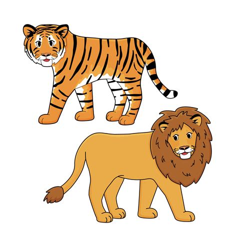 Tiger and lion vector isolated animals. Hand drawn cartoon drawing on ...