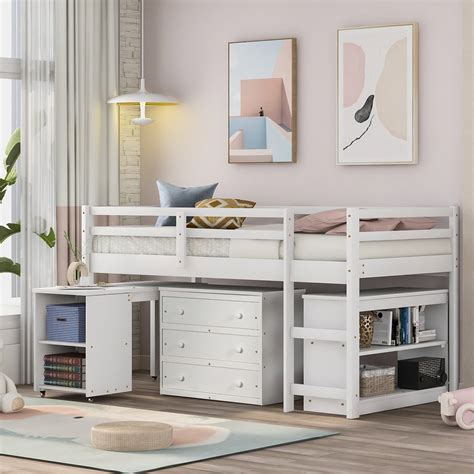 White Twin Loft Bed with Rolling Portable Desk and Cabinet, Pinewood ...