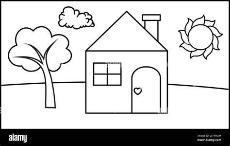 Kid drawing with house sun and tree. Vector illustration in child style ...