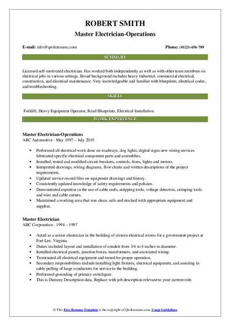 Master Electrician Resume Samples | QwikResume