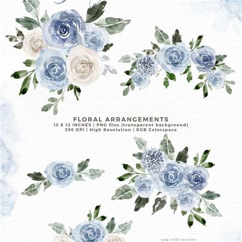 Azure Blue Watercolor Flowers Clipart, Pale Dusty Blue Graphics ...