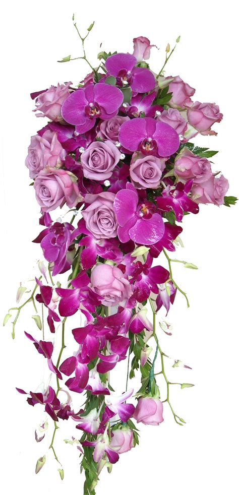 Cascade wedding bouquet with purple phalaenopsis orchids, dendrobium ...