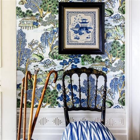 Blue and green chinoiserie wallpaper with greek key trim transitional ...