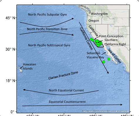 Map of the eastern North Pacific with mako shark tagging locations ...