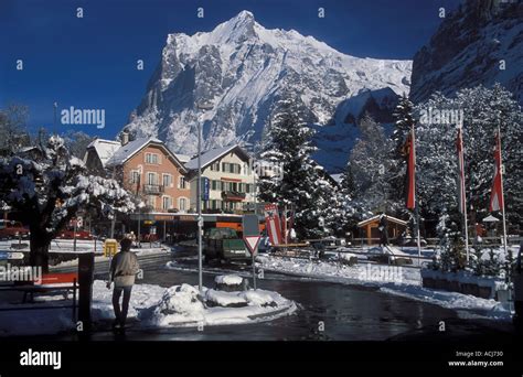 Grindelwald resort town winter with Wetterhorn Bernese Oberland Alps ...