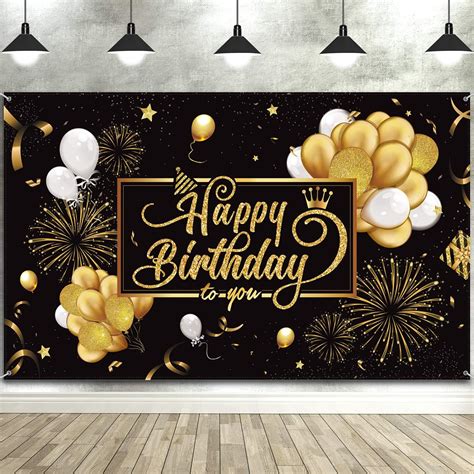 Happy Birthday Backdrop Banner Large Black Gold Balloon Star Fireworks ...