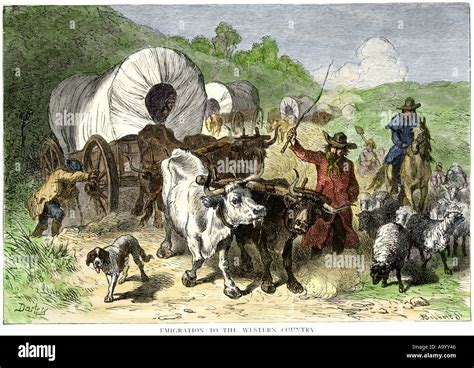 Wagon train of pioneers moving west 1800s. Hand-colored woodcut Stock ...