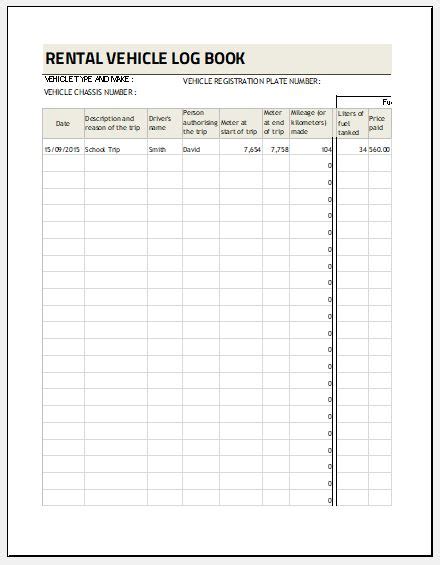 the rental vehicle log book is shown