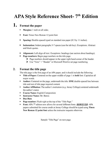 APA Style Reference Sheet- 7th Edition 2 - Format the paper Margins: 1 ...