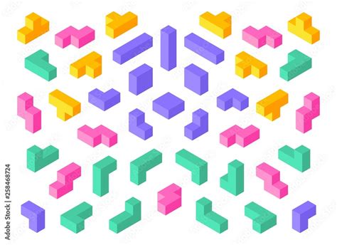 Tetris shapes. Isometric 3D puzzle game elements colorful cube abstract ...