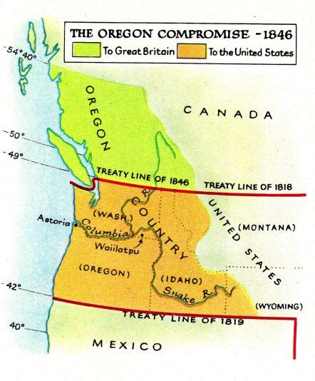 1819+1846: Map of "Oregon Compromise" between "USA"+GB