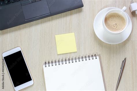 Top view of office desk table with computer, smartphone, station Stock ...