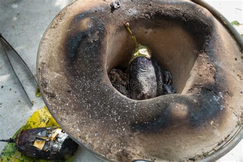 Whole Roasted Egg Plant or Brinjal in a Traditional Clay Angeethi or ...