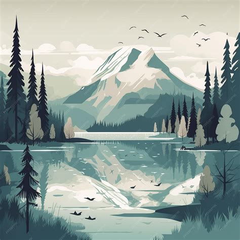 Premium AI Image | A drawing of a mountain lake with a mountain in the ...