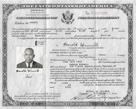 Amanuensis Monday: Harold Murrell Sr.'s Naturalization Certificate