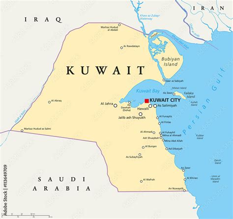 Kuwait political map with capital Kuwait City, national borders ...