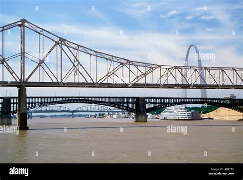 Three bridges cross the Mississippi River at St Louis Missouri MO with ...