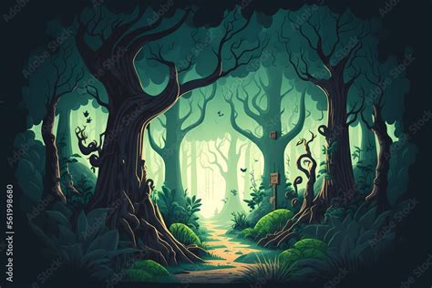 Mystical forest illustration, cartoon style landscape,endless nature ...