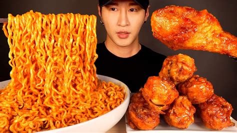 ASMR MUKBANG SPICY FIRE NOODLES & BBQ CHICKEN (No Talking) EATING ...