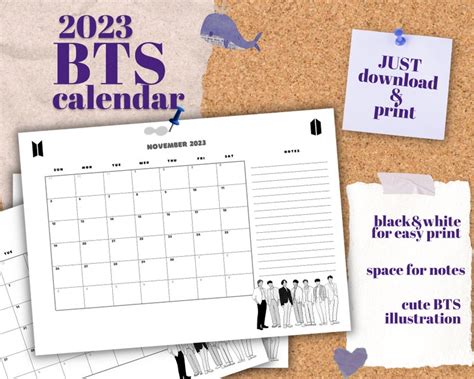 Printable BTS 2023 Calendar, One Page Calendar Ready to Be Printed ...