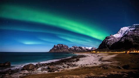 aurora borealis, northern lights, beach, scenery, lofoten islands ...